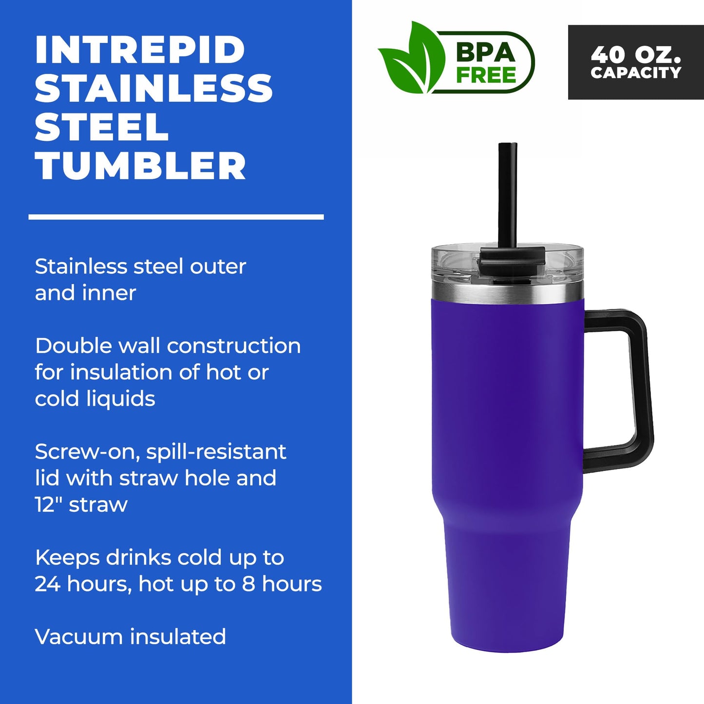 Gifts by Design 10 Ct of 40 Oz Intrepid Stainless Steel Tumbler with Lid, Straw & Handle – Purple – Customizable Insulated Cups for Water, Coffee, Hot & Iced Drinks – Great for DIY, Events, Work