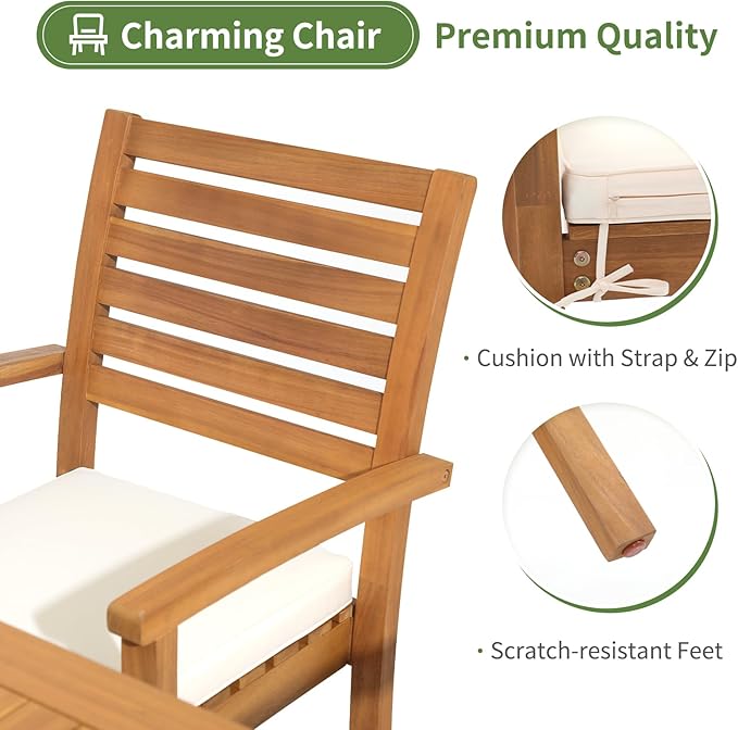 OC Orange-Casual Stackable Patio Dining Chairs Set of 6, Outdoor Acacia Wooden Chairs w/Armrest & Removeable Fabric Cushion, for Porch, Backyard, Garden, Indoor, Beige