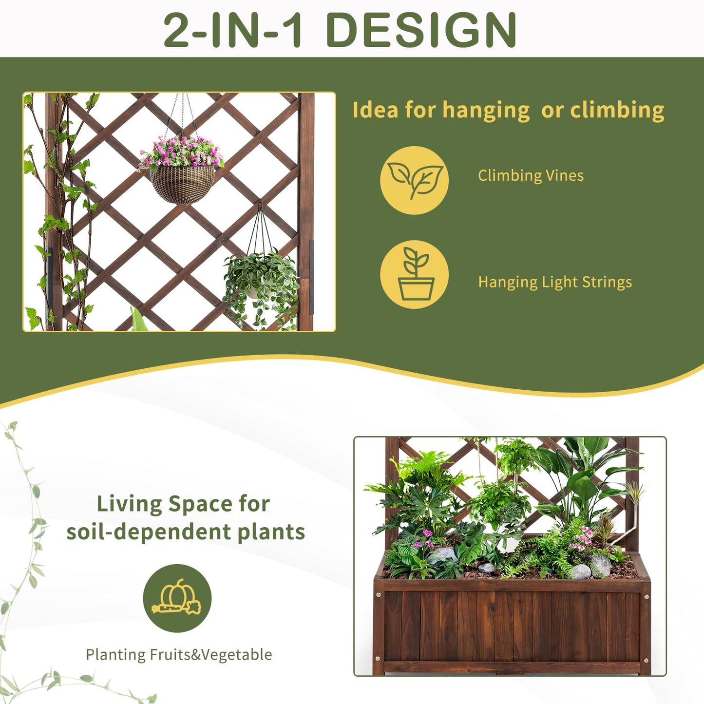 Outvita Wood Planter with Trellis, 29" x 17" x 67" Outdoor Raised Garden Bed with Drainage Holes, Vertical Standing Planter Box for Climbing Plants Vegetable in Garden, Patio, Balcony (Brown)