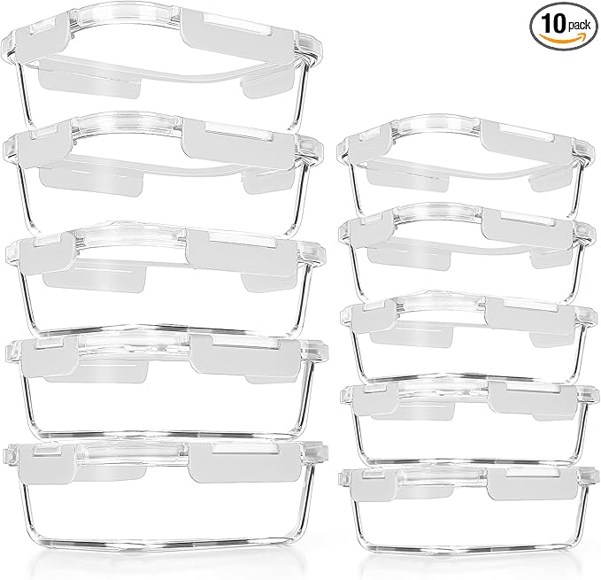 VERONES 10Pack Glass Meal Prep Containers, Airtight Glass Lunch Containers