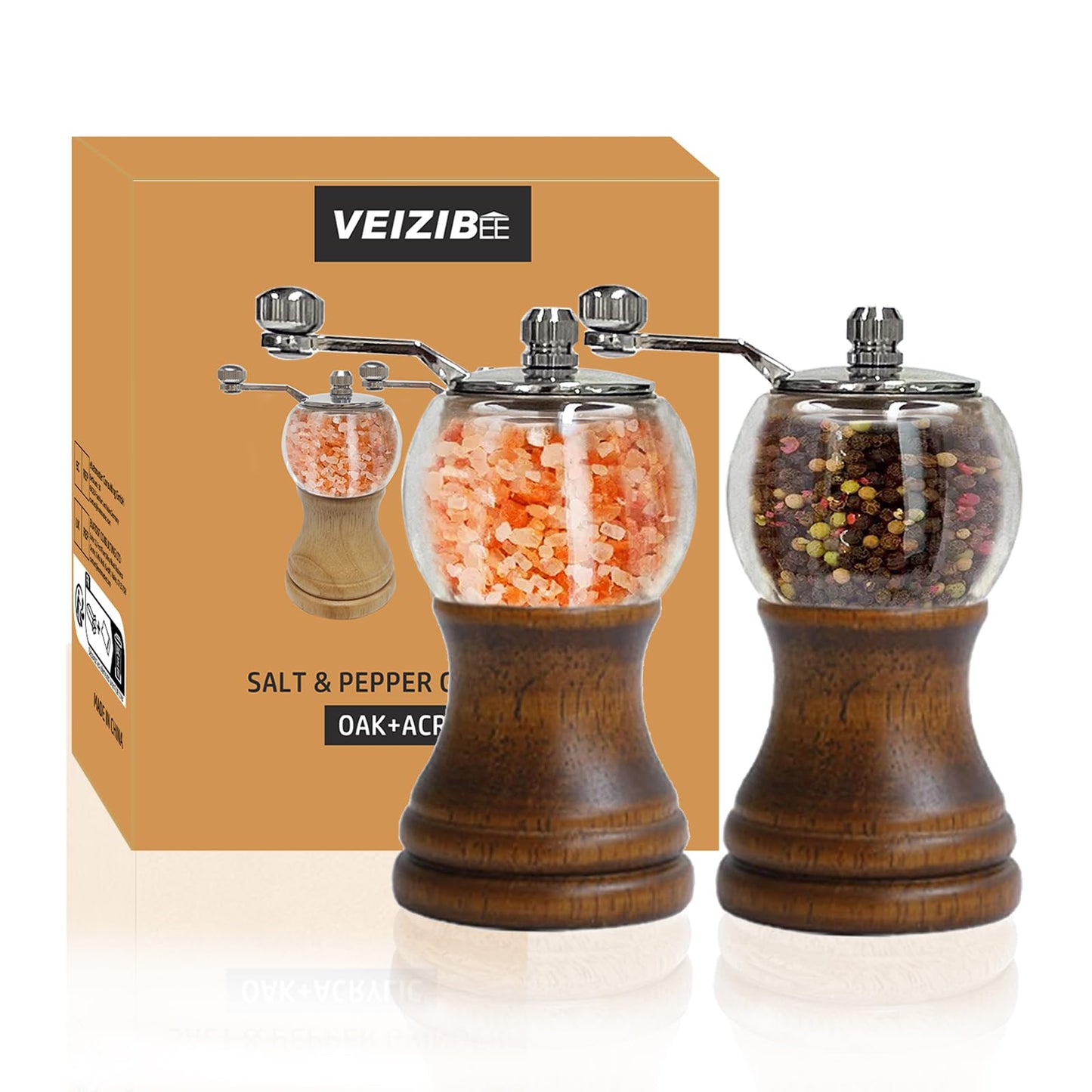 VEIZIBEE Pepper Mill Set Manual Pepper Mills Classical Hand Shake Wooden Pepper Grinder Set Salt Mills Wooden Pepper Mill Ceramic Blades Metal Handle, Enjoy Fresh Ground Pepper (Walnut color 2pcs-5in)