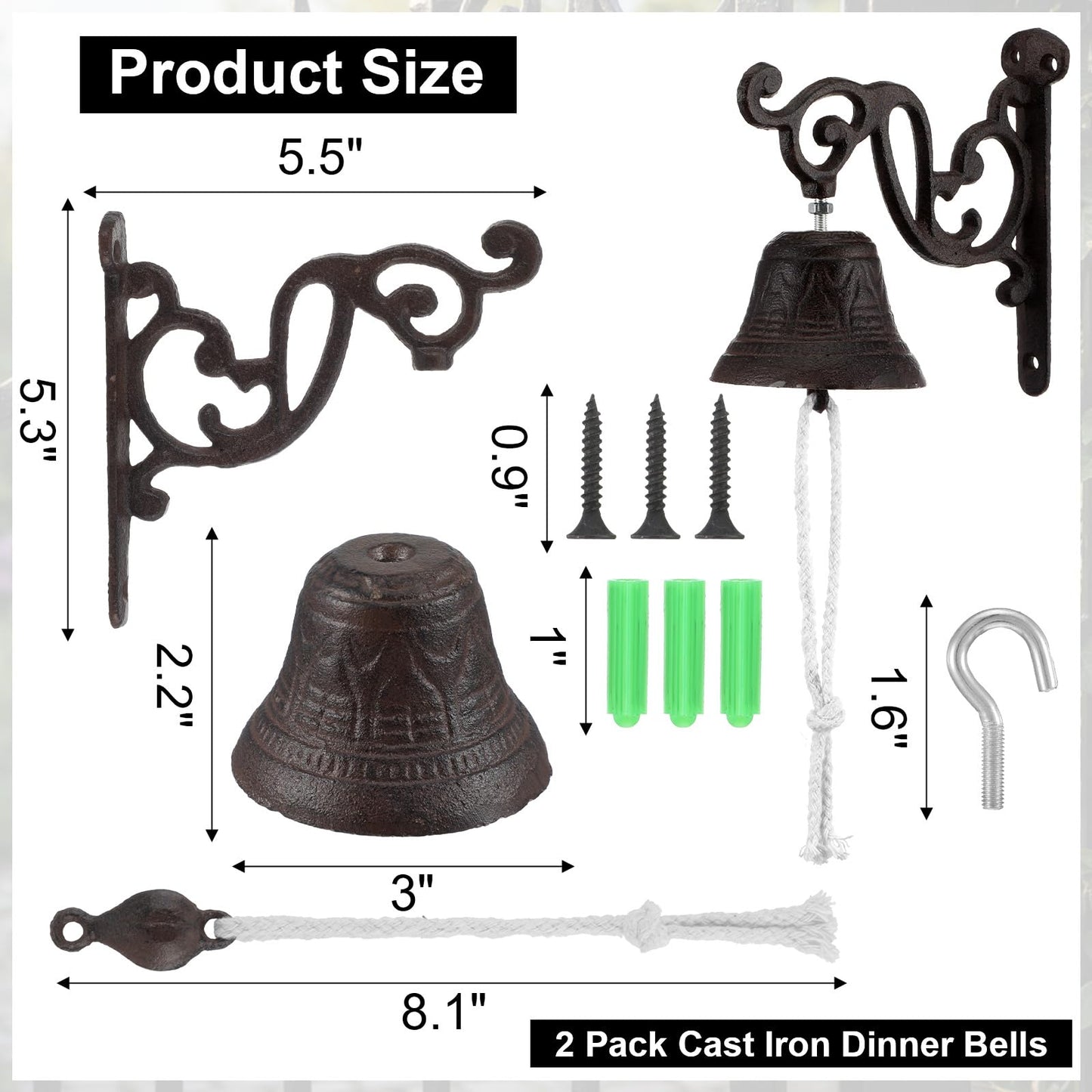 2 Pack Cast Iron Dinner Bells with Rope - Classic Brown Outdoor Hanging Bell for Wall Mount, Farmhouse, Garden, Porch - Loud Sound for Home, Church, Learning Places Decor