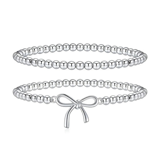Jsuospmy Silver Beaded Bracelets for Women 14K Silver Bow Bracelet Handmade Stackable Bracelets for Women Trendy Non Tarnish Bracelet Jewelry Gift for Womens 2Pcs (07.Bow+Beaded (Silver))