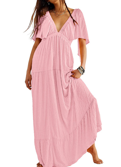 Kikibell Women Summer Dresses Sexy V-Neck Maxi Dress Tiered Silhouette with Flutter Sleeve Backless Elastic Waist Flowy Dress