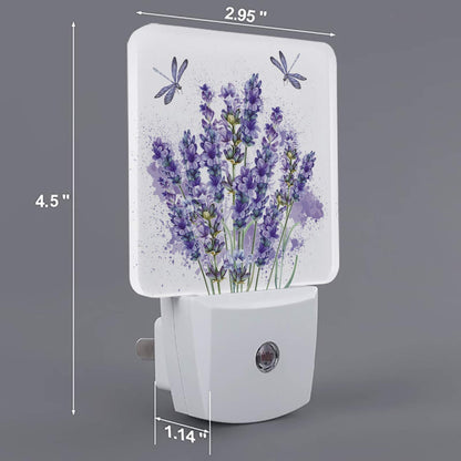 Lavender Dragonfly Flower Plug-in LED Night Lights Purple Plant Auto Dusk-to-Dawn Sensor for Bedroom Bathroom Kitchen Nursery Hallway Stairs Wall Home Decor