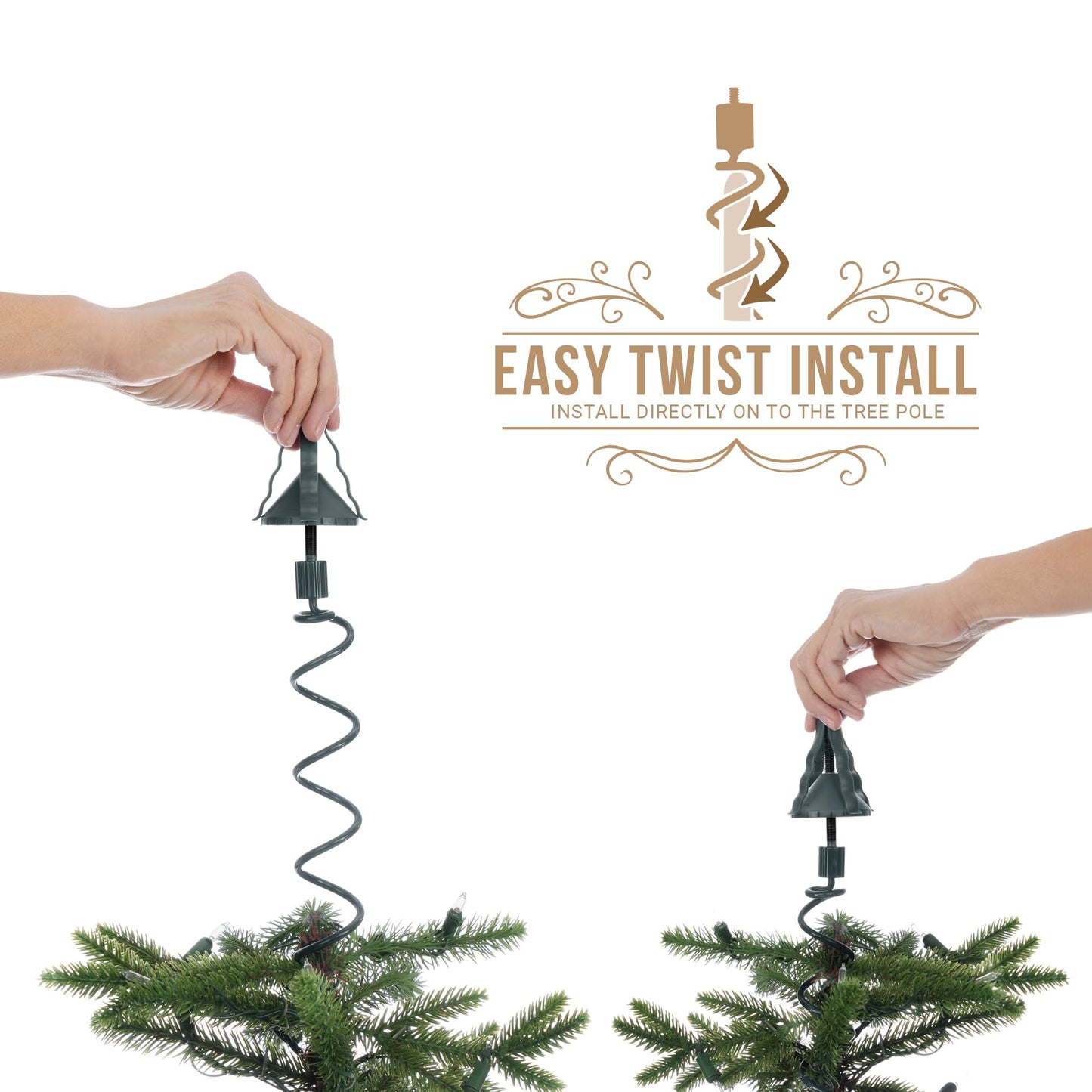 [Christmas Tree Topper Holder] - Twist-on Holiday Universal Tree Topper Stabilizer Fits Most Base Types- Metal Green Support Rod with Adjustable attachments to stabilize Seasonal Treetop Ornaments