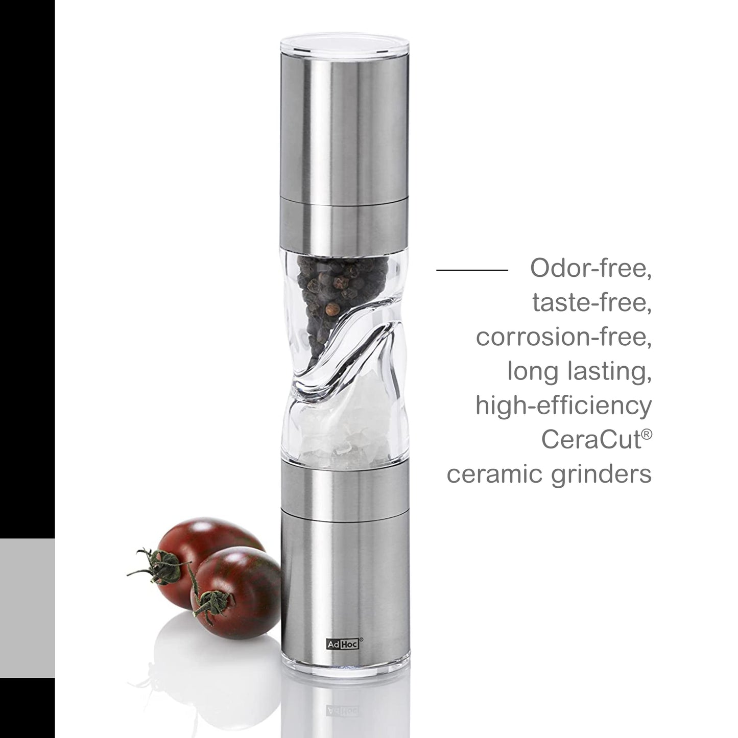 AdHoc Duomill Pure Salt and Pepper Combo Mill - Stainless Steel Salt & Pepper Mill - Handy Salt & Pepper Grinder - Stainless Steel