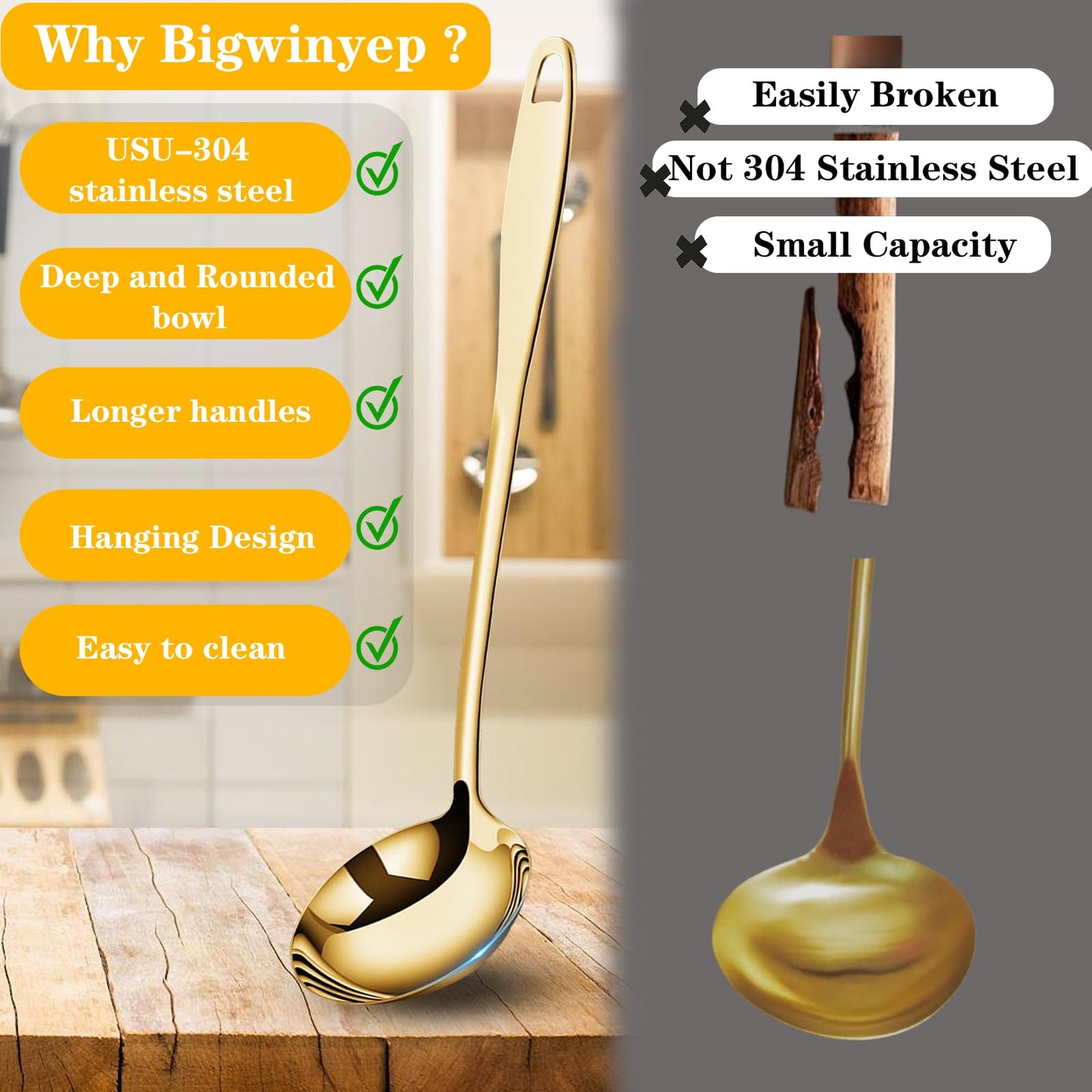 Bigwinyep 2Pcs Soup Ladle Soup Spoons 304 Stainless Steel Gold Ladle, 12.2Inch Long Handle Large Serving Spoon for Cooking Buffet, Party, Kitchen, Gold