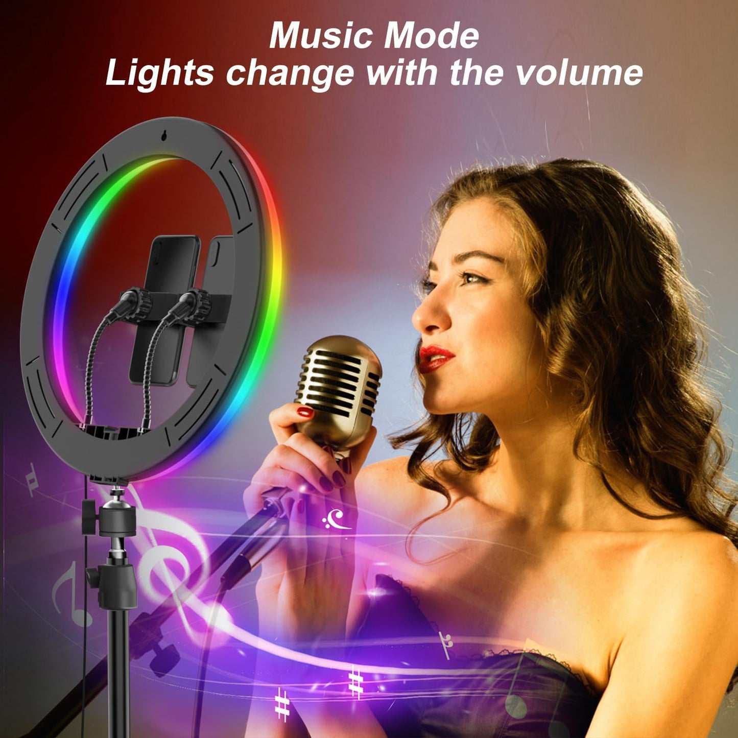 Herrfilk 13" Ring Light with Tripod Stand & Phone Holder, LED Ring Light for Phone with 3 Light Color Temperatures, 12 Brightnesses, 48 RGB Light Modes, Ringlight for Selfie, YouTube, Tik Tok