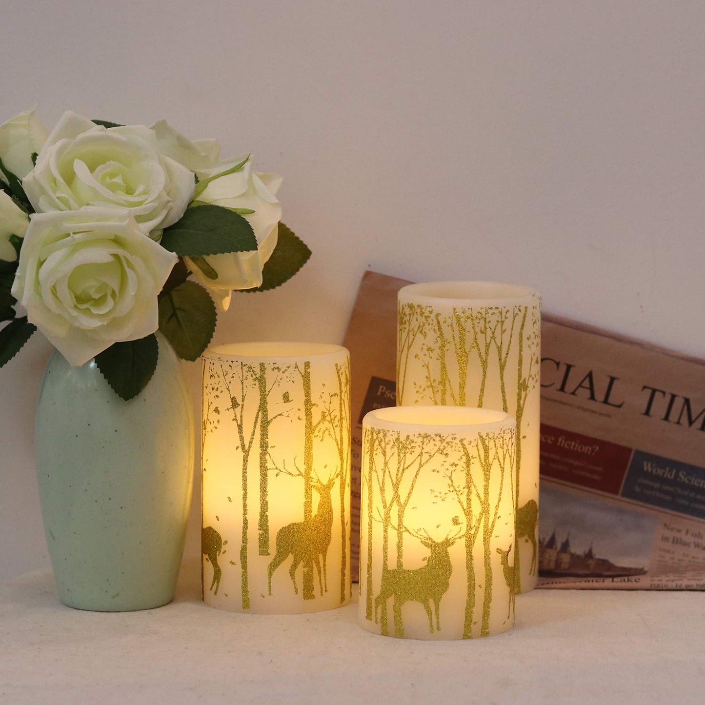 Wondise Flameless Flickering Candles with Timer, Battery Operated Real Wax Gold Deer Decal LED Pillar Candles for Christmas Holiday Home Decoration, Set of 3(3 x 4,5,6 Inch)