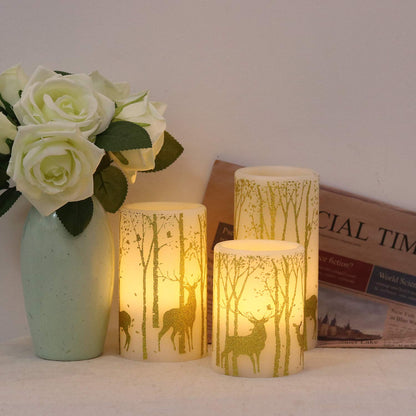 Wondise Flameless Flickering Candles with Timer, Battery Operated Real Wax Gold Deer Decal LED Pillar Candles for Christmas Holiday Home Decoration, Set of 3(3 x 4,5,6 Inch)