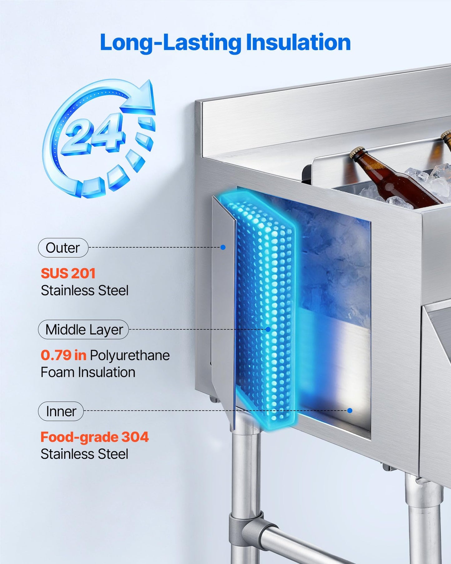 VEVOR Commercial Ice Bin with Sink & Faucet, 60 Qt Max Capacity, 24 x 19 x 35 Inch Stainless Steel Ice Chest with Sliding Lid and Bottle Holders, Cooler Cart Cocktail Unit for Bar Restaurant Pub