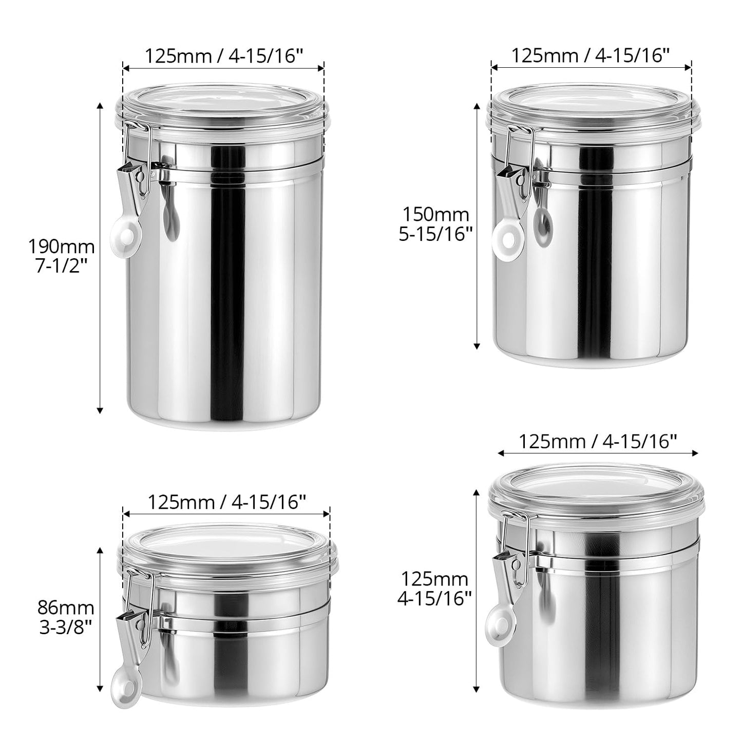 QWORK 4 Pack Stainless Steel Kitchen Storage Canister, Airtight Flour Clamp Canister, 26oz, 36oz, 47oz, 62oz