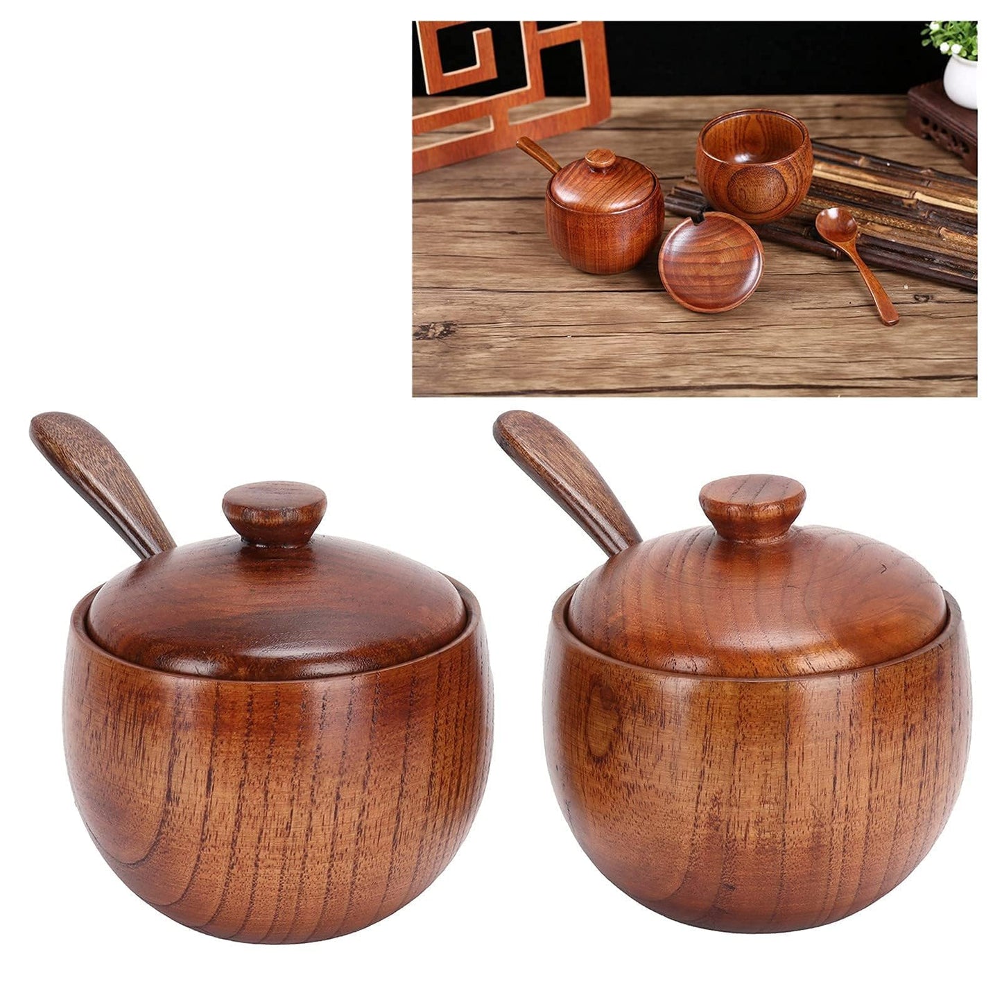 Kukyller 2PCS Wooden Salt Box with Lid Spoon, Sugar Bowl Pepper Seasoning Container, Wooden Salt Container for Kitchen Serving Condiment Chili Powder 2 * 4 * 3.5in