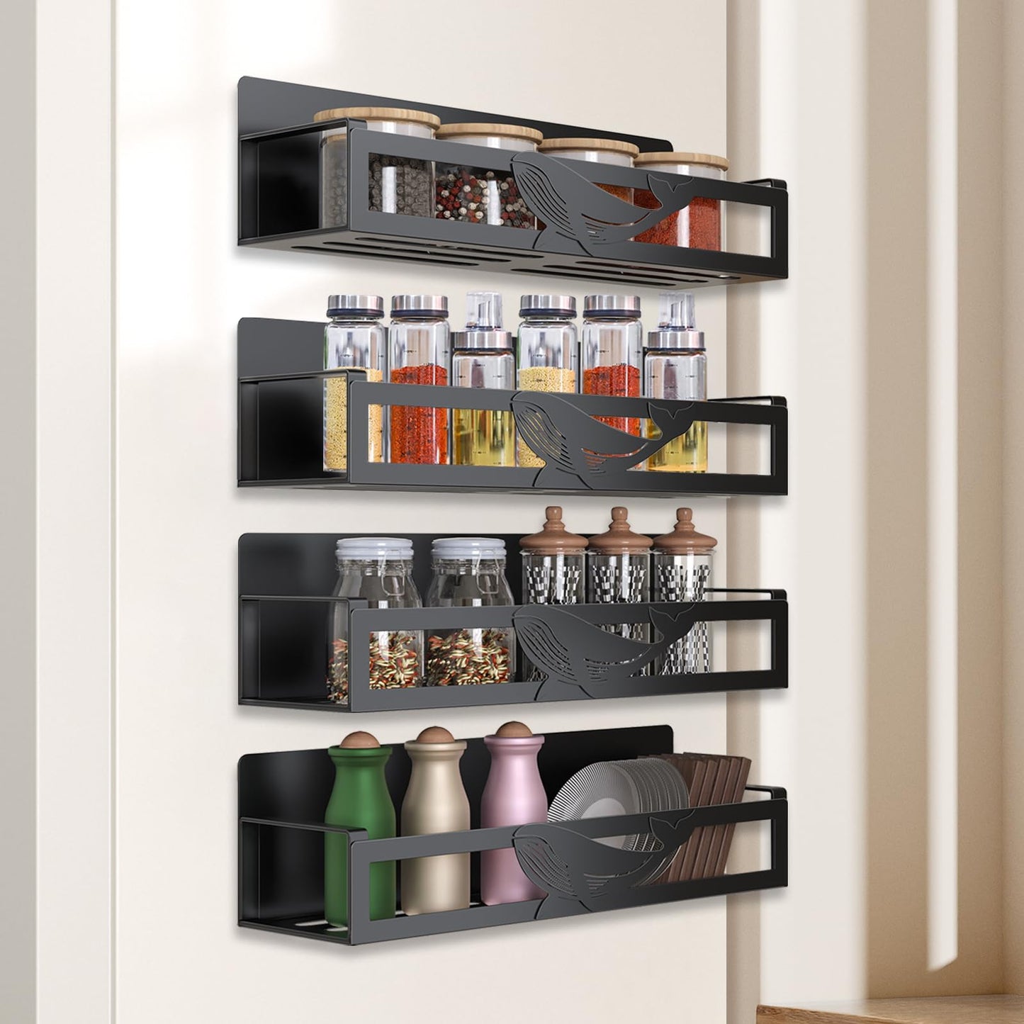 AURIKAR Magnetic Spice Rack for Refrigerator, 4-Pack Metal Seasoning Organizer for Kitchen Storage Organization, Magnetic Shelf for Fridge Space Saving Spice Organizer, Black