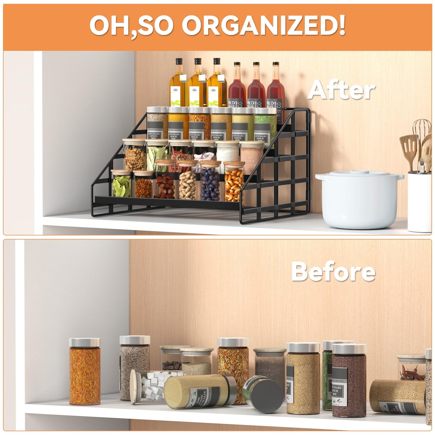 Bunoxea 4 Tier Adjustable Spice Rack for Cabinet & Countertop, Black