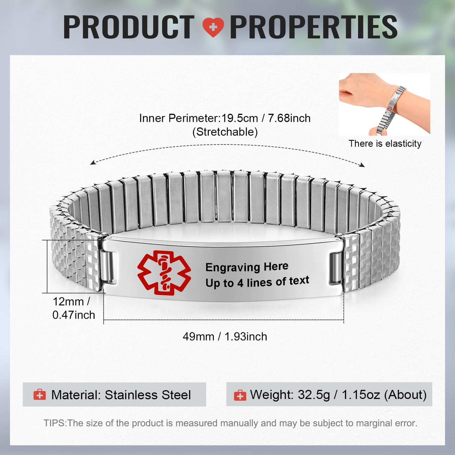 Personalized Medical ID Bracelets for Men - Custom Emergency Alert Bracelet for Women Engraved Medic Info Elastic Stainless Steel Bracelets for Family Autism Allergy Diabetic Epilepsy (Silver, 19.5cm)