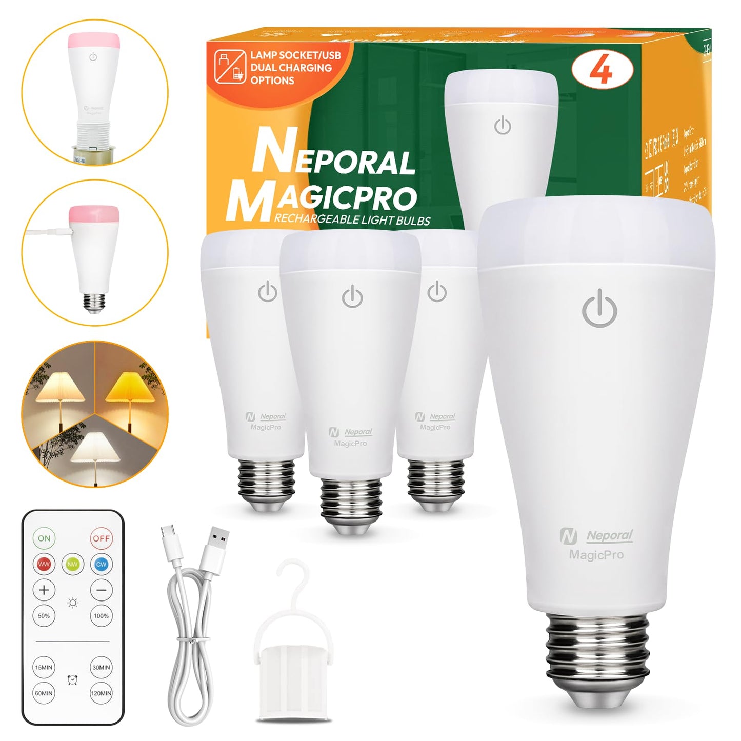 Neporal MAGICPRO Socket & USB Rechargeable Light Bulbs with Remote, 2H Fast Charge, 5-50H Battery Life, 3-Color Shifts & Dimmable, 9W 800LM E26 Battery Light Bulb for Home,Wireless, Emergency Use, 4PK