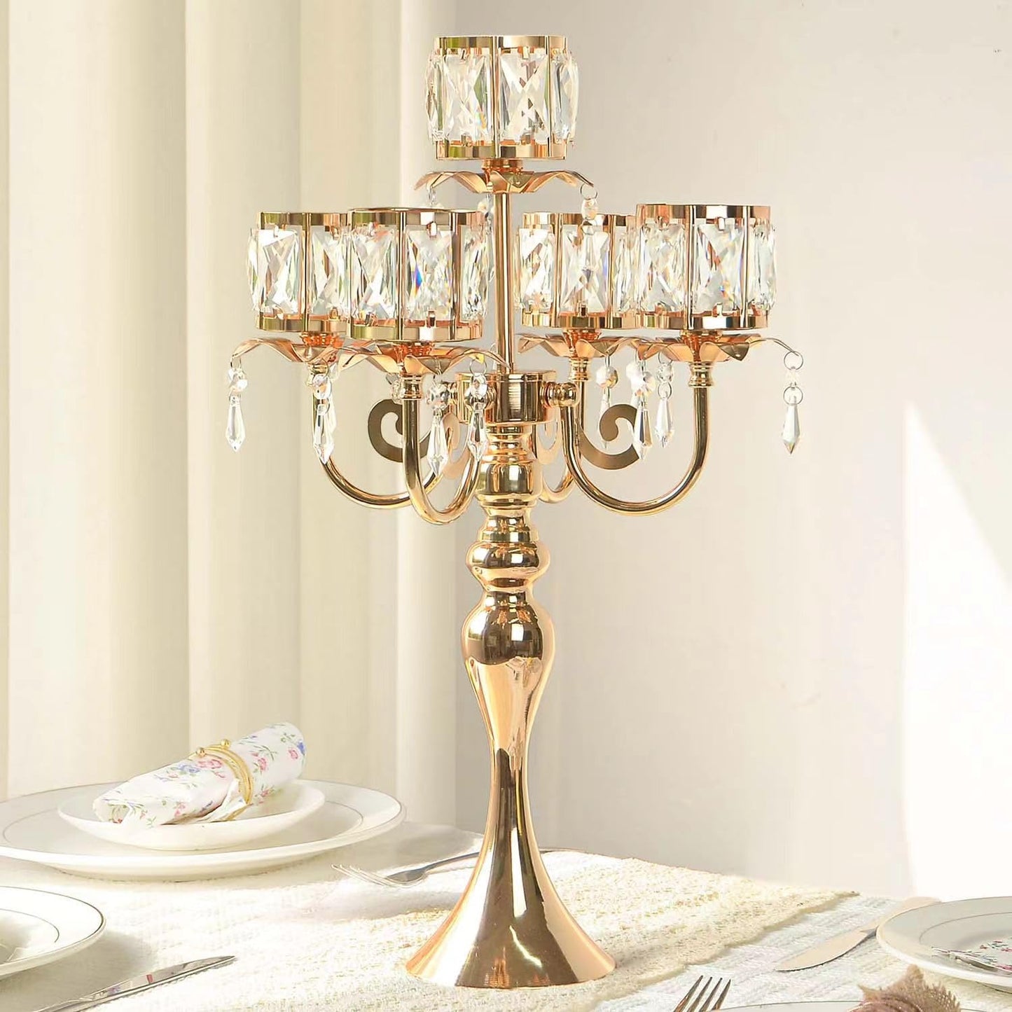 Kehail Gold 5 Arm Pendant Square Crystal Table Decor 22 inch Candle Holder, Classic and Elegant Table Centerpiece Atmosphere Candle Holders for Gift Wedding Party Home Decor