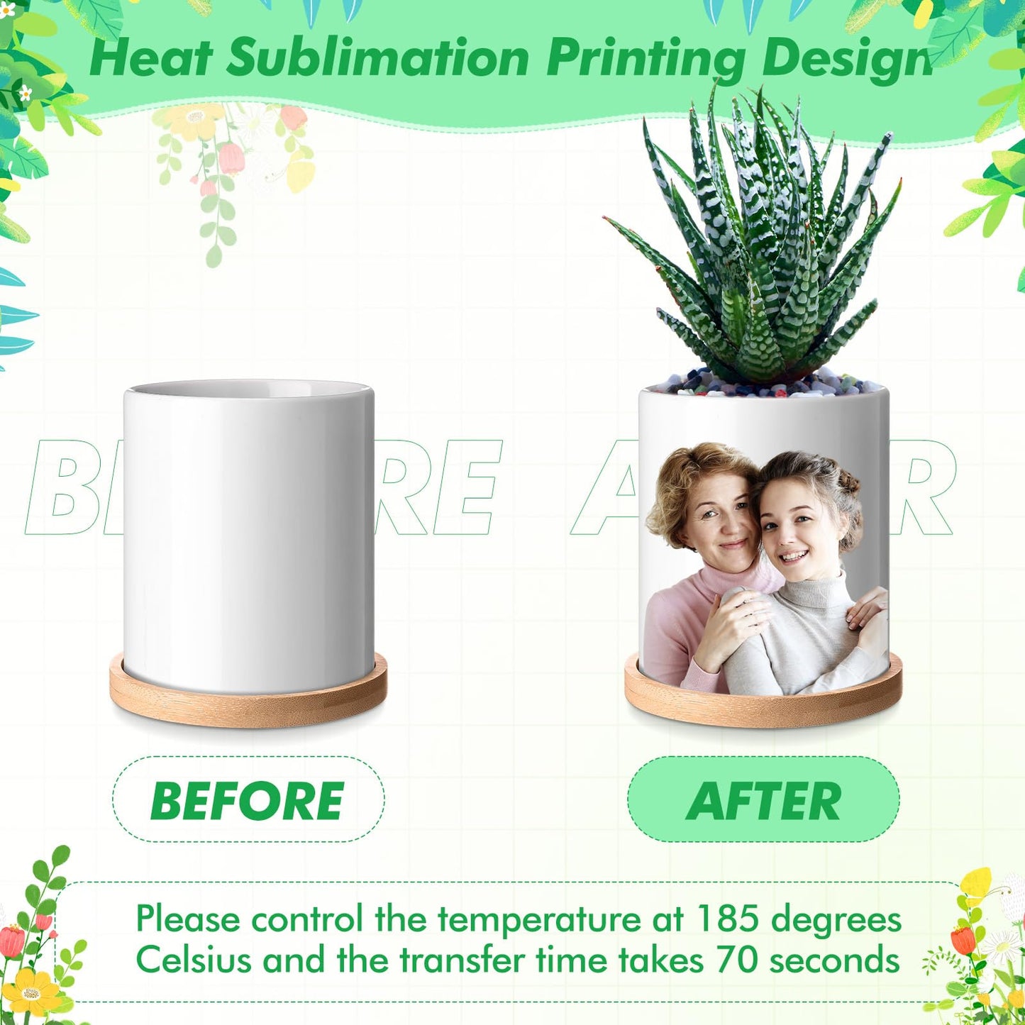 Teenyyou 6 Pcs Sublimation Flower Pot Blanks Mini 3.2 in Garden Ceramic Succulent Planter Pot with Bamboo Tray with Drainage Hole Thank You Gifts for Employee Appreciation Plant Lover