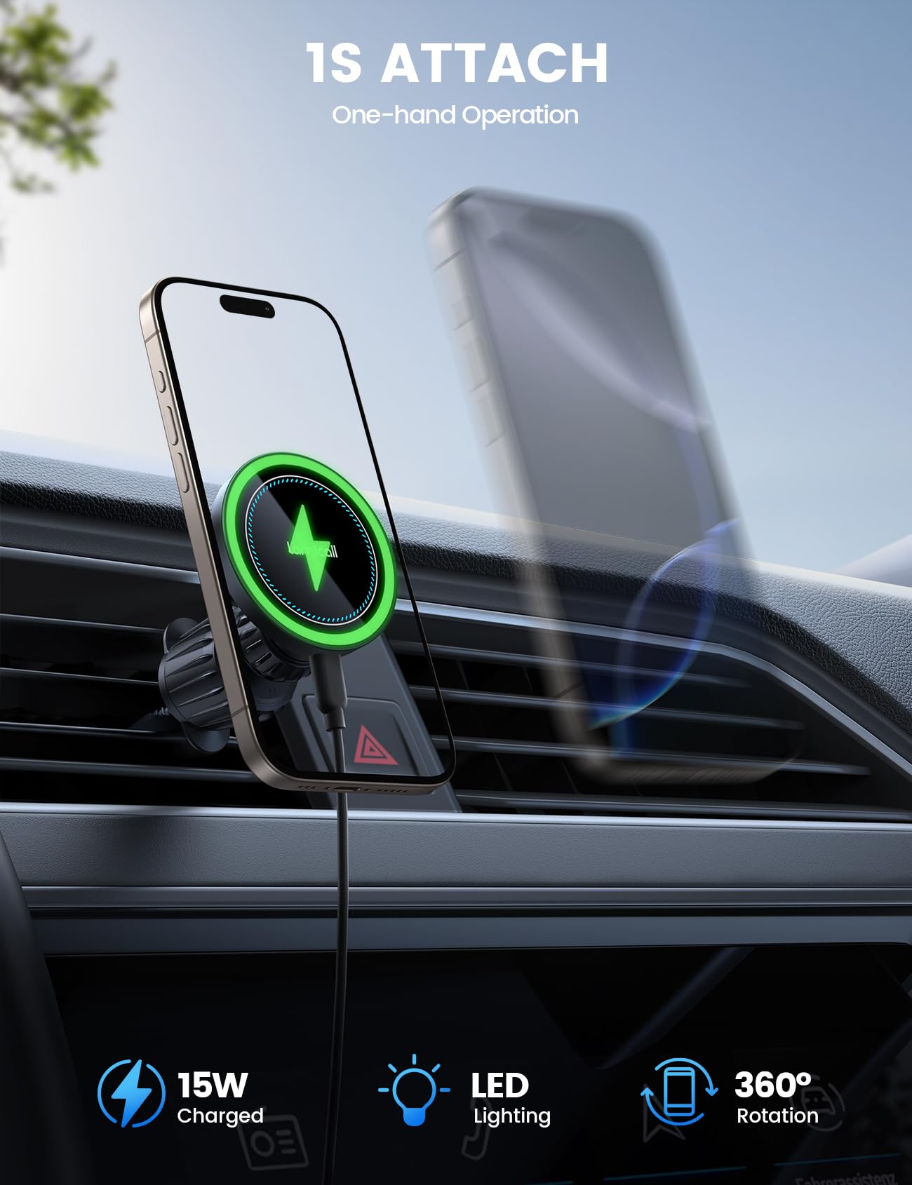 Lamicall for Magsafe Car Mount Charger - [15W Top Charging] Magnetic Wireless Car Charger with 20x N52 Magnets, Hands Free Air Vent Phone Holder Cradle for iPhone 17 16 15 14 13 12 Series - Black