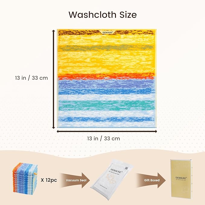 SEMAXE 100% Cotton Washcloths 12-Pack, 13 × 13 Inch Soft Luxury Face Towels –