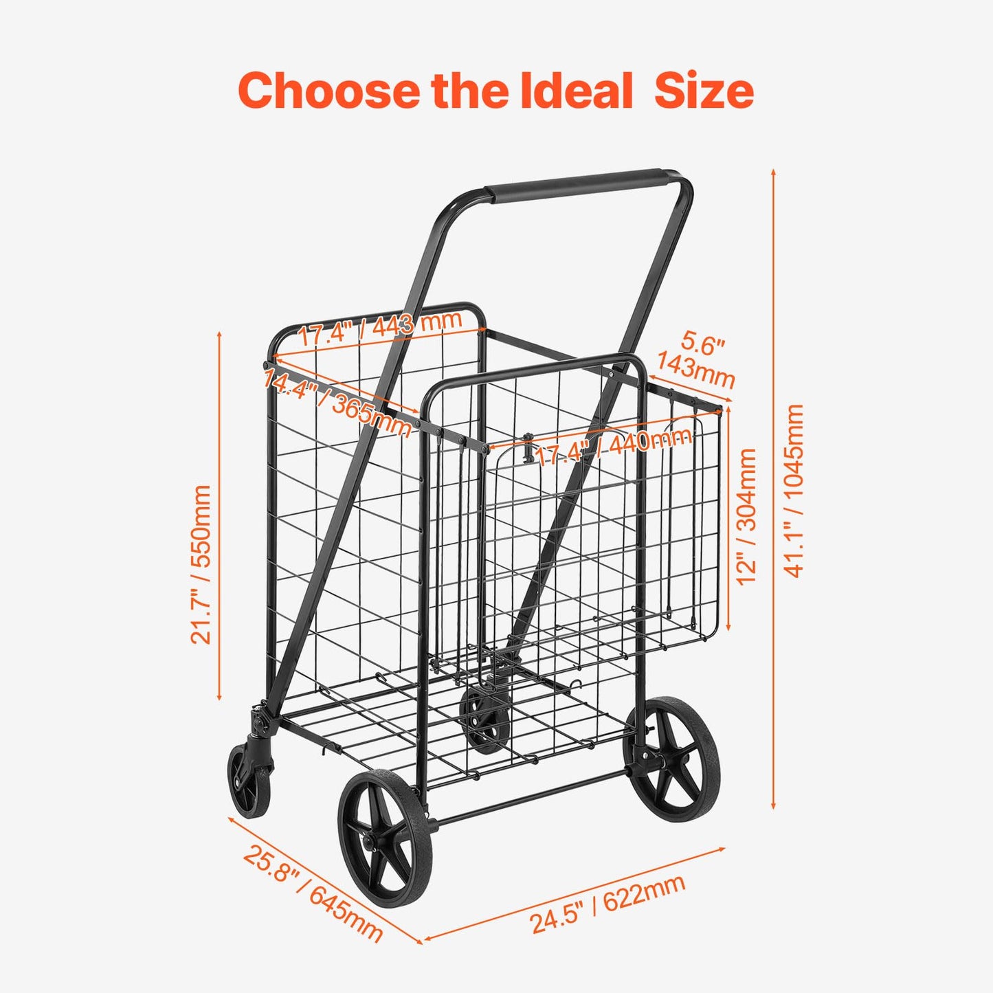 VEVOR Shopping Cart, 110 lbs Large Load Capacity, Folding Grocery Shopping Cart with 360° Swivel Wheels, Double Baskets, Locking Latch, Heavy Duty, Easy Installation, for Laundry, Luggage Camping