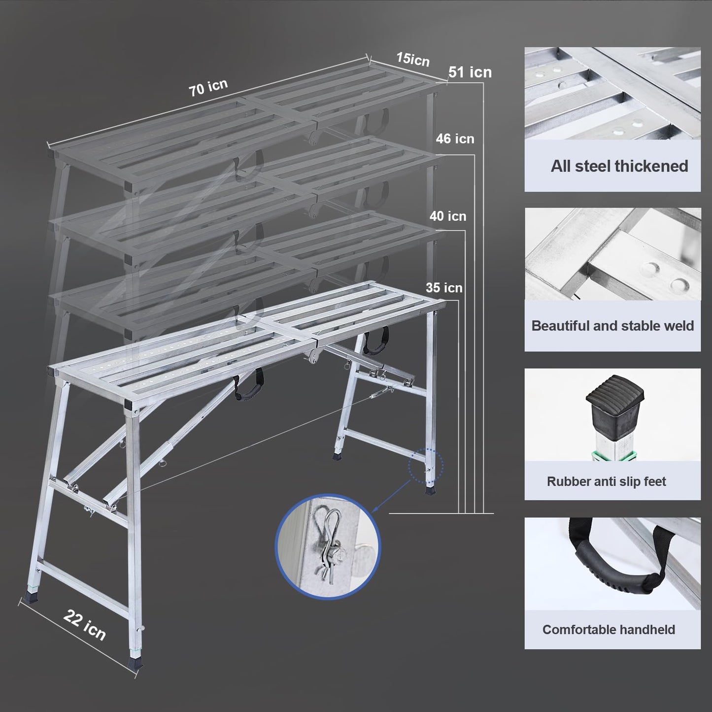 Adjustable Work Platform with 800 lb Duty Rating, Steel Step Ladder, Portable Folding Scaffolding Platform for RV Cleaning High Painting Walls, Drywall, Decorating (180 CM)