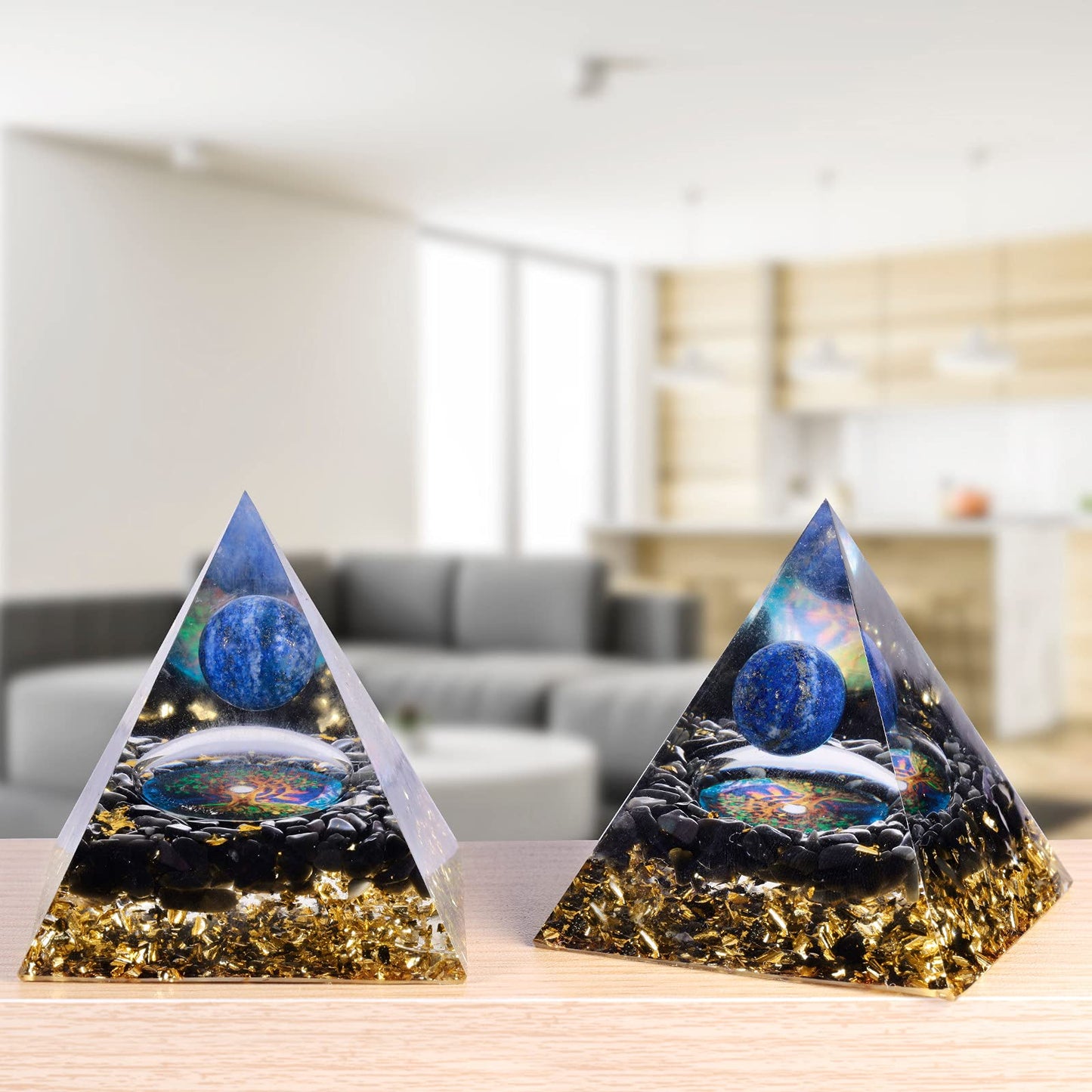 mookaitedecor Lapis Lazuli Crystal Sphere Orgone Pyramid with Obsidian Tumbled Stones and Tree of Life Symbol Orgonite Energy Generator for Protection Meditation Home Decor