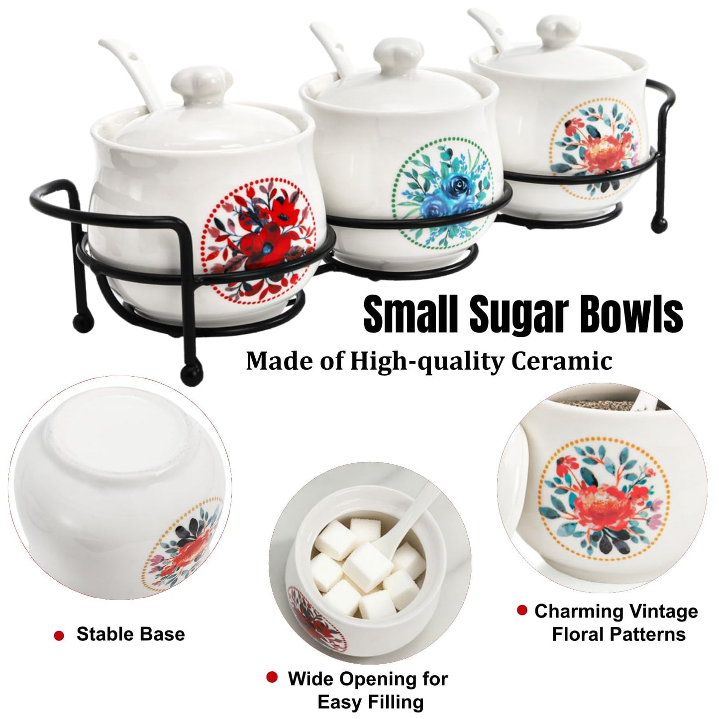 ELFULLY 3 Pcs Ceramic Condiment Jars, 7 Oz Small Sugar Bowls with Lids Spoons and Shelf, Round Spice Container Pot Set for Salt Pepper, Empty Seasoning Box for Kitchen Restaurant Home, White