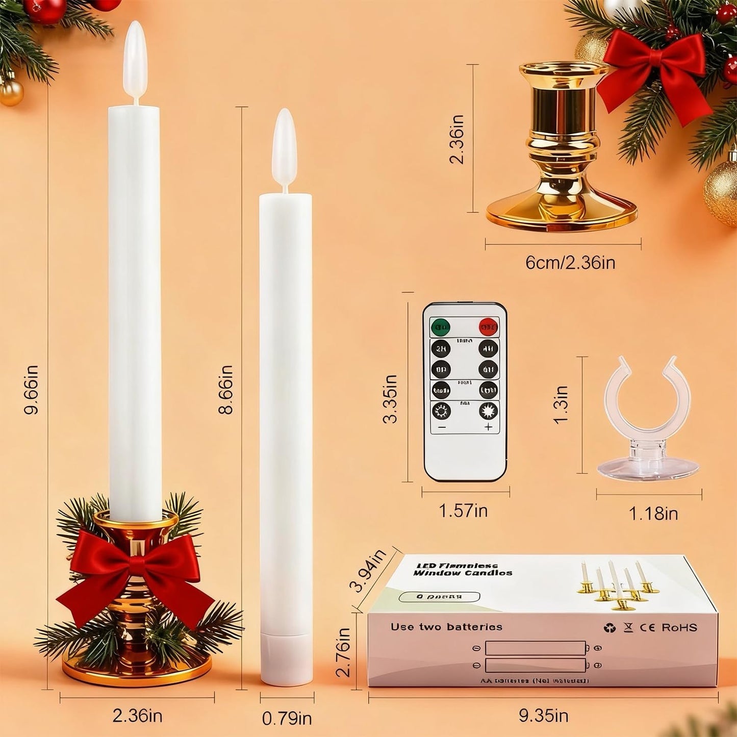 Hoisebecy Christmas Window Candles, 8 Pcs Battery Operated Flameless Taper Candles with Remote, Timer, 3D Wick, Holders & Suction Cups for Christmas, Wedding, Halloween Decor