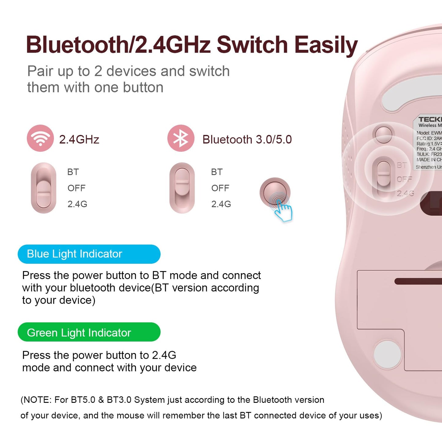 TECKNET Wireless Mouse for Laptop, Silent Bluetooth Mouse(BT5.0 & 2.4G) 4000DPI Adjustable, Computer Portable PC Quiet Mice with USB-A Receiver & 6 Buttons for Mac, 18 Months Battery