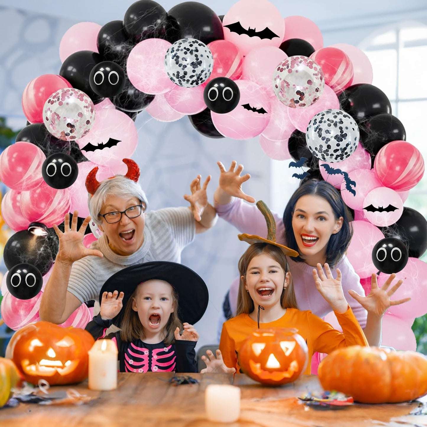 Halloween Balloon Arch Kit 98Pcs Pink and Black Balloon Garland with Ghost Eye Pink Agate Balloons 3D Bat Spider Cobweb for Trick or Treat Day of the Dead Spooky Boo Haunted House Party Decorations