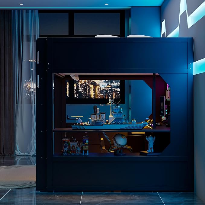 Modern Gaming Loft Bed with Built-in Desk, LED Lighting & Charging Hub – Full