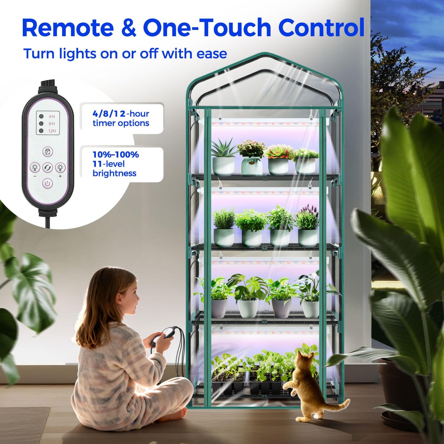 Indoor Greenhouse with Grow Light, Ohuhu 4-Tier Mini Green House for Winter - Full Spectrum Greenhouses for Seed Starting Small Portable Green Houses Waterproof PVC Cover & Adjustable Shelves
