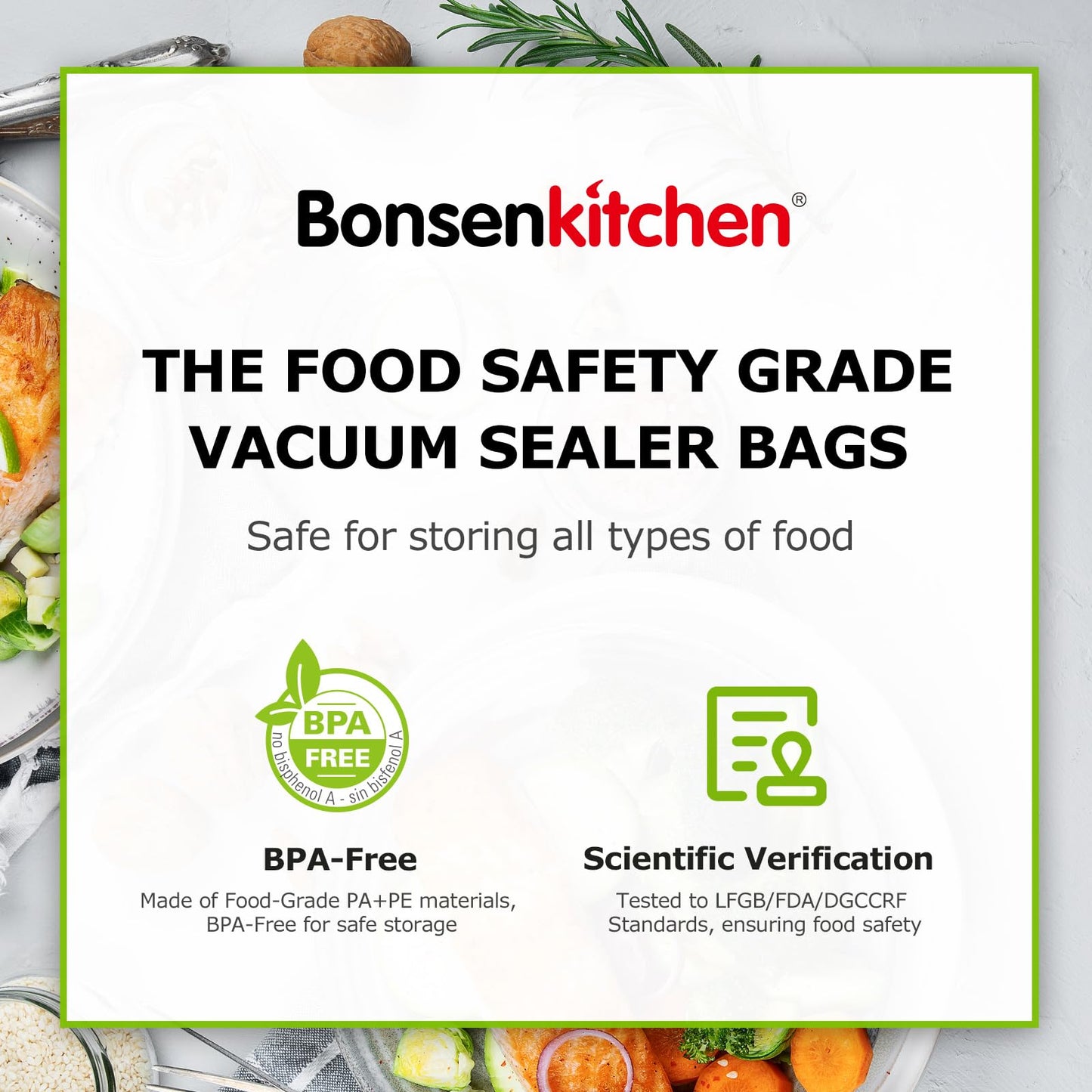 Bonsenkitchen Precut Vacuum Sealer Bags 200 Quart 8" x 12", BPA Free, Commercial Grade Textured Food Vacuum Sealer Bag, Thick Embossed Bags for Storage and Sous Vide Cooking VB3208