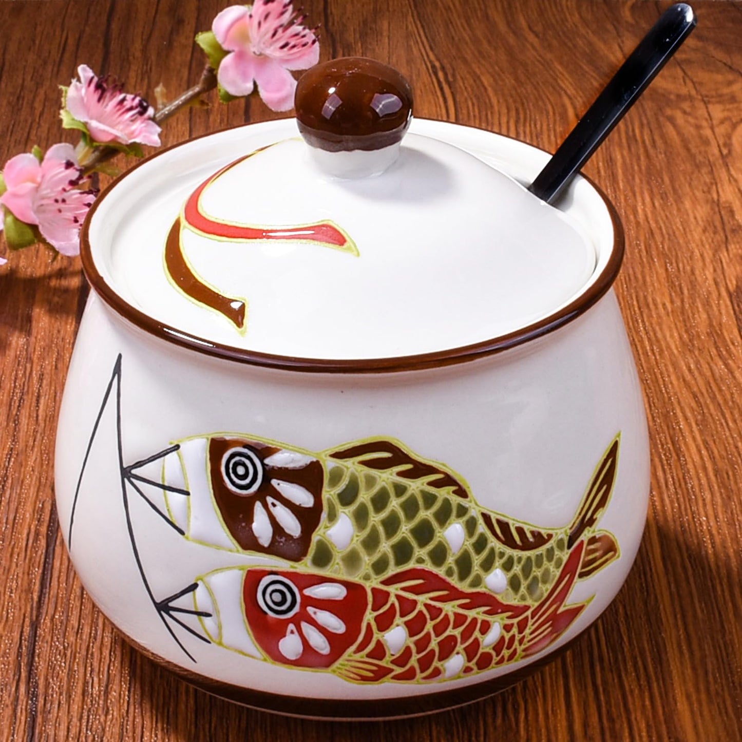 LMRLCS Ceramic Sugar Bowl with Lid and Spoon - 10oz Small Spice Jar with Japanese Koi Fish Design - Decorative Seasoning Container for Salt, Lard, Chili Oil & Condiments, Farmhouse Kitchen Decor