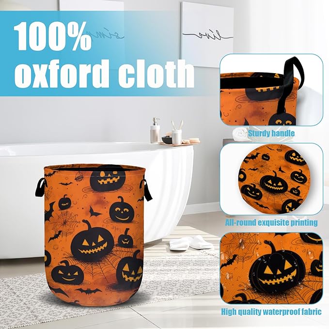 Spooky Pumpkin Laundry Basket, Halloween Laundry Hamper Collapsible Oxford Cloth