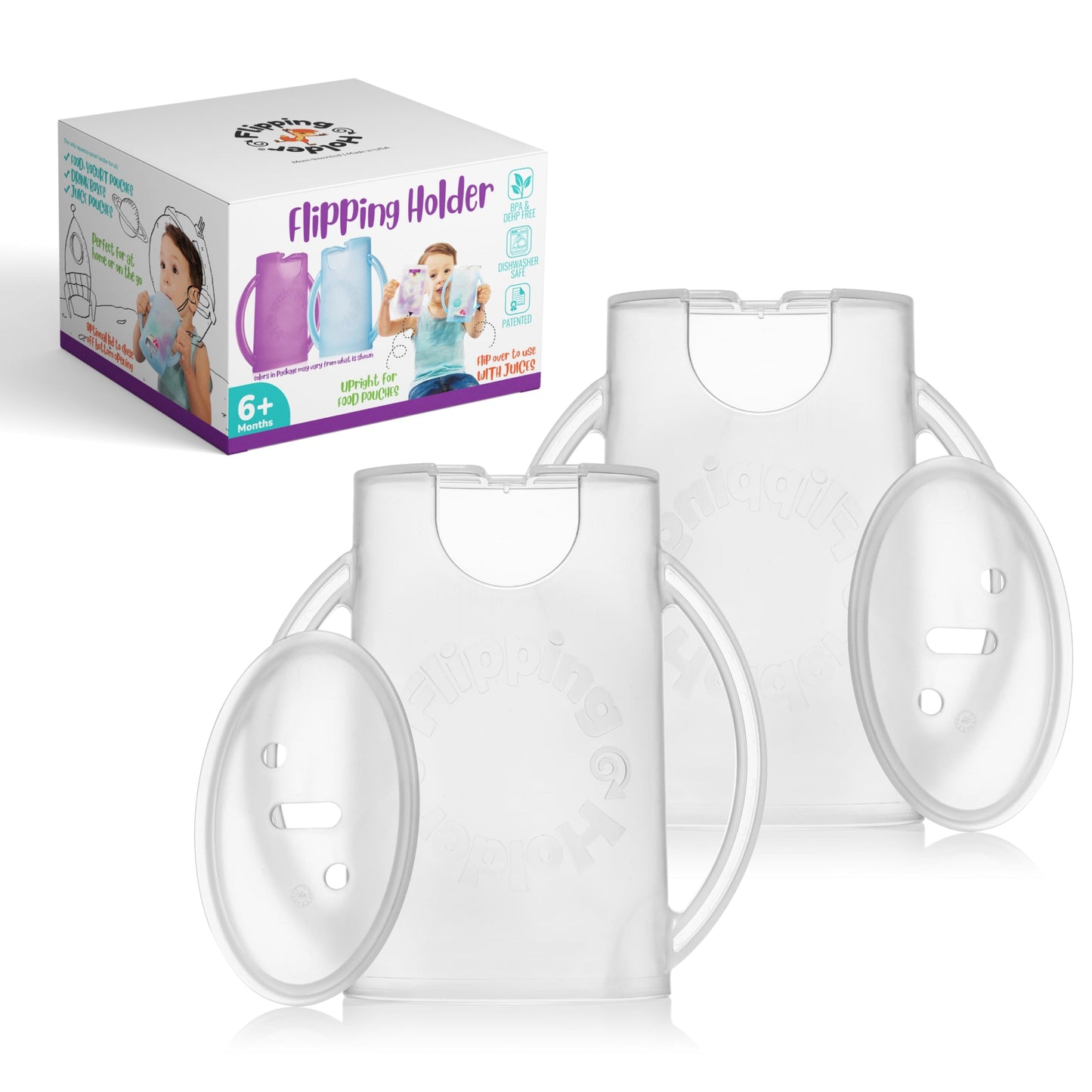 Flipping Holder 2-in-1 Baby Food Pouch & Juice Box Holder (2-pack) - No-Squeeze, Food-Safe Container with easy-grab Handles & Lid Fits GoGo, Capri Sun, Juice, Yogurt, & More