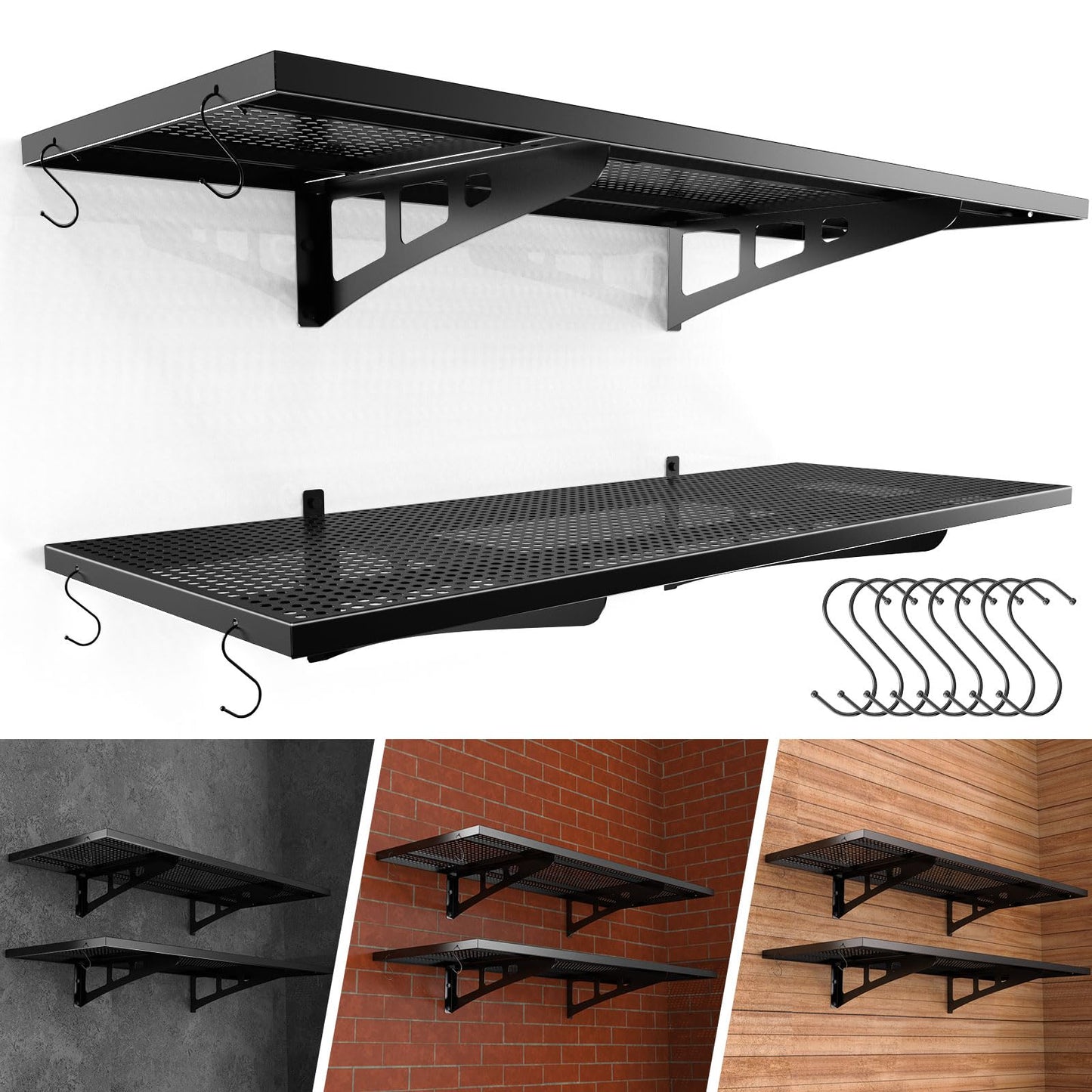 ZUCIRE 2-Pack Garage Wall Shelving, 1.5 x 4 FT Heavy Duty Wall Mounted Garage Storage Shelves, 500 lbs Capacity Metal Garage Rack with 8 Hooks, Hanging Storage Shelf for Tools, Bins and Equipment
