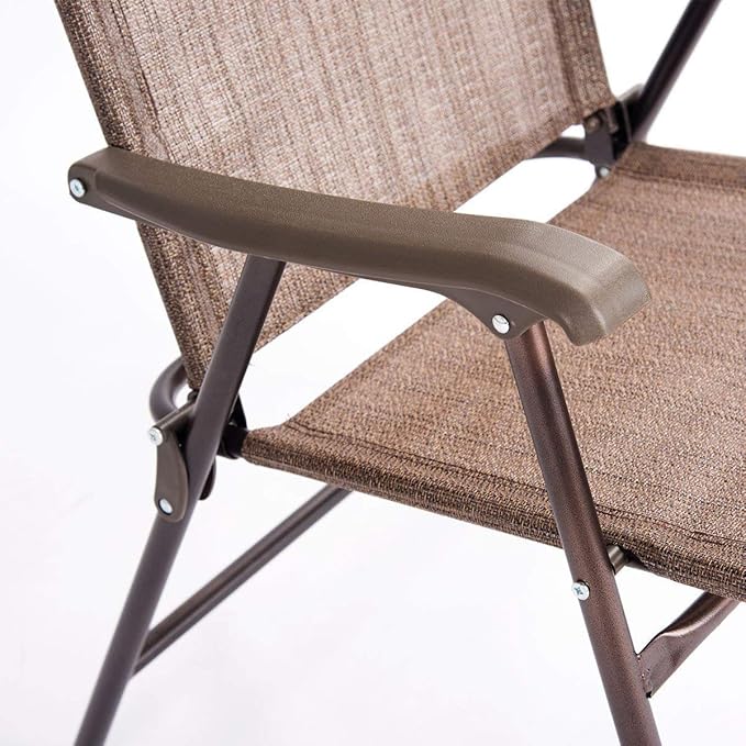 Giantex Set of 2 Patio Folding Chairs, Outdoor Patio Dining Chairs w/Armrest, Sling Back, Metal Frame, Outside Use for Lawn Camping Garden Pool Beach Yard Lounge, No Assembly, Brown