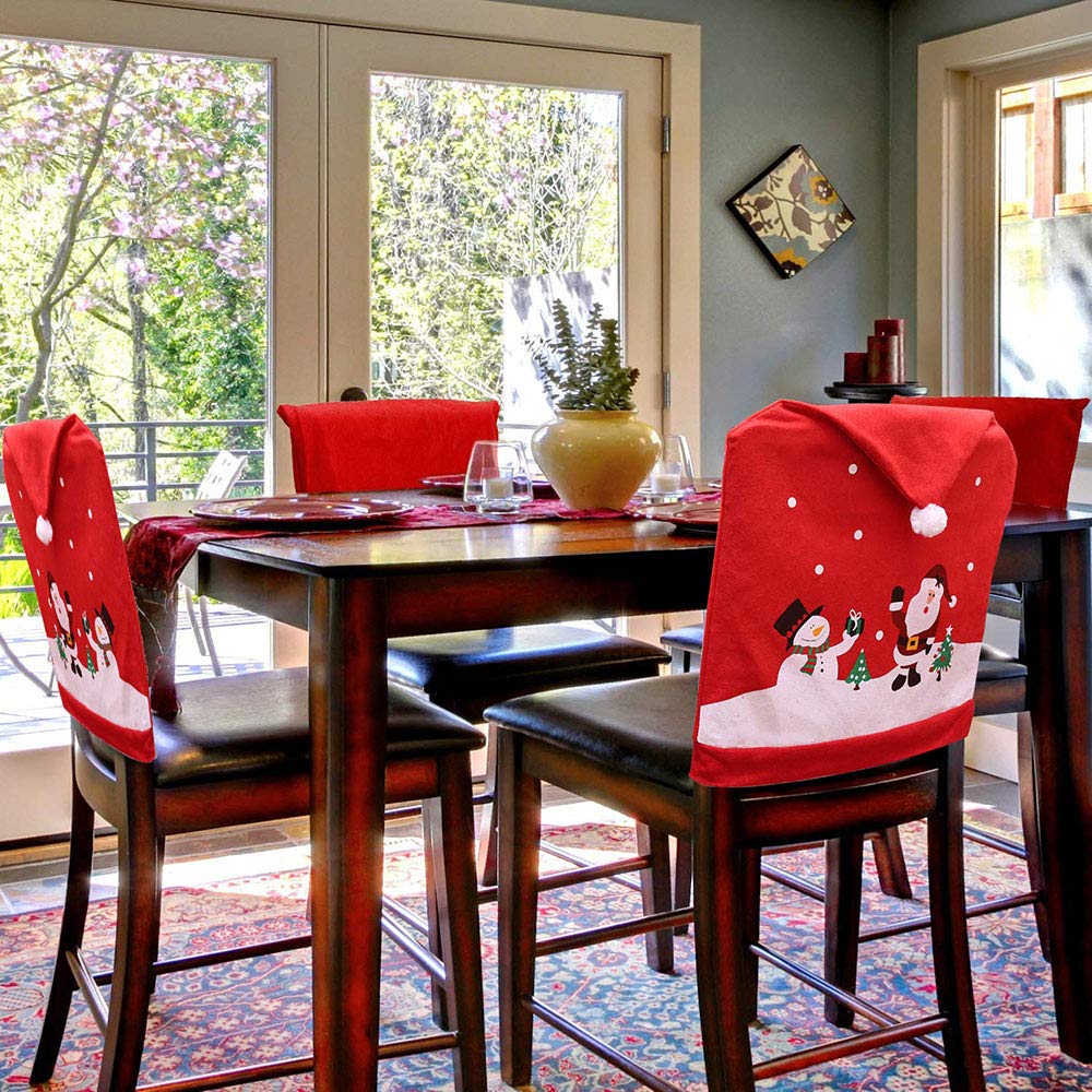 MSQ 4PCS Christmas Chair Covers, Santa Claus & Snowman Red Hat Xmas Chair Back Covers Dining Chair Slipcovers for Xmas Festive Home Dinner Table Chairs Decoration Kitchen Party Decor