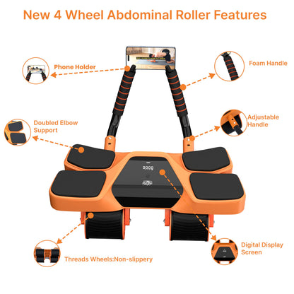 2025 New 4-Wheel Abdominal Roller with Elbow Support : Latest Upgraded High-Performance Exercise Machine With Automatic Rebound, Multi- layered Anti-Slip Design with Calorie Counting LCD Screen
