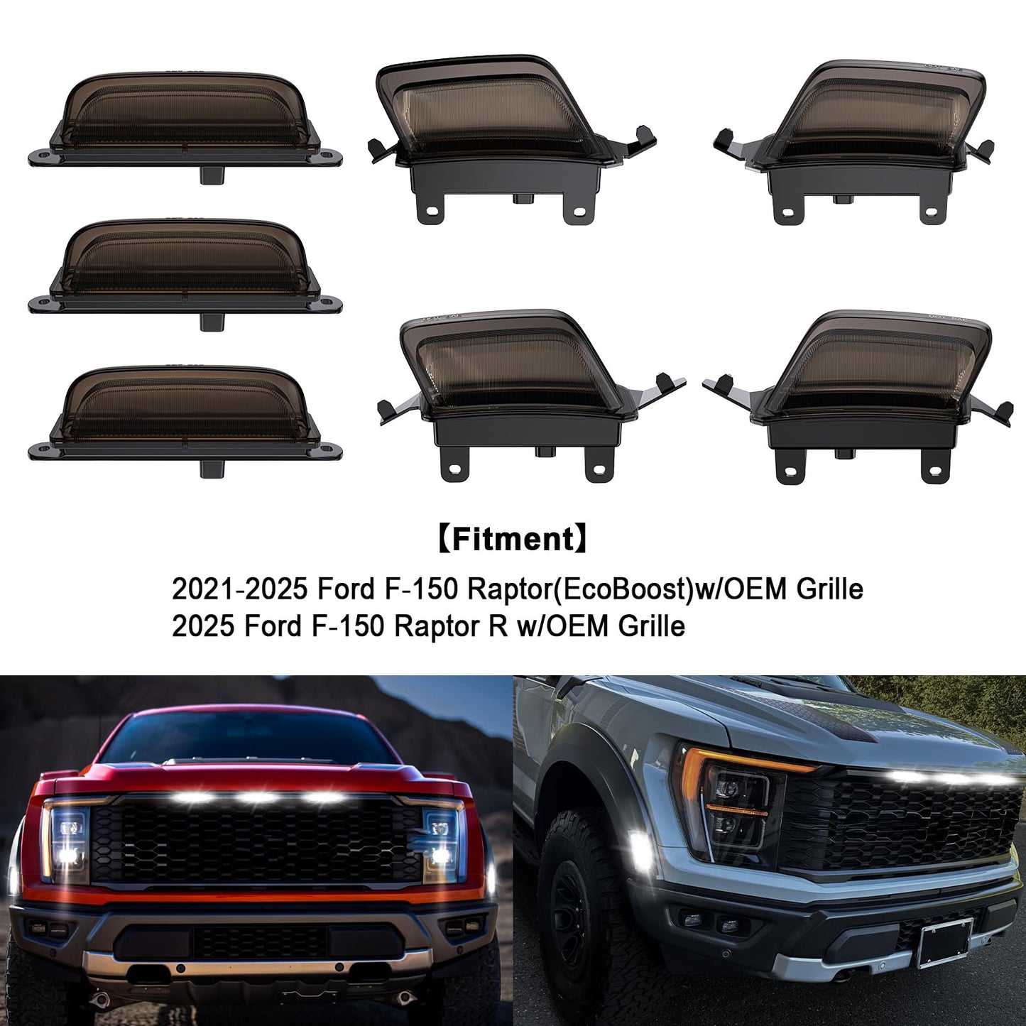 Led Flare Side Marker Lights Sets for 2021-2025 F150 Raptor R, 2X Front Rear Fender Lights & 3X Front Grille Clearance Lights White Smoked Lens Full Dually Fender Lamps Kit for Raptor R SuperCrew