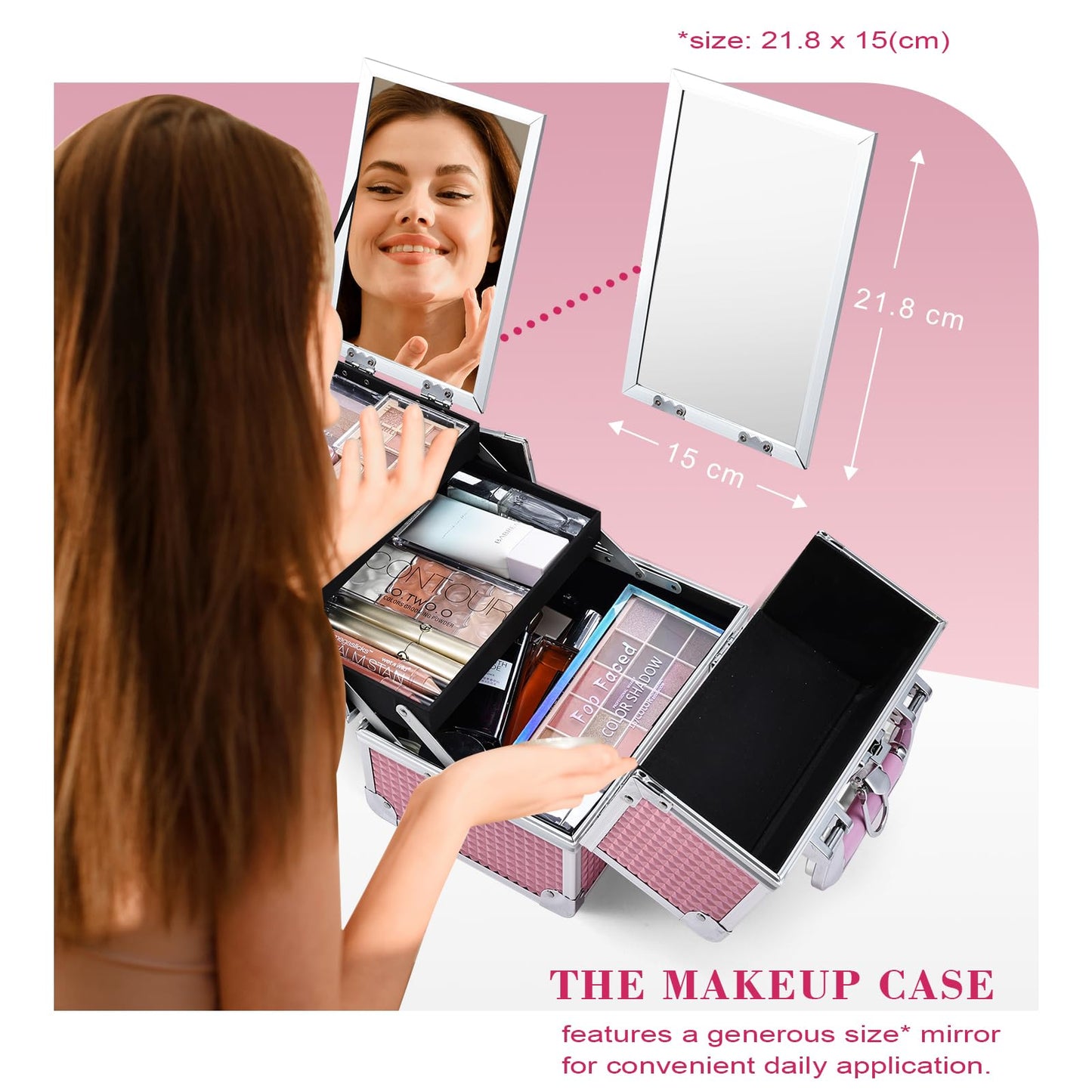 Joligrace Makeup Box Vanity Case Cosmetic Organiser Box Beauty Storage Train Case with Mirror, Lockable with Keys, Holographic Pink