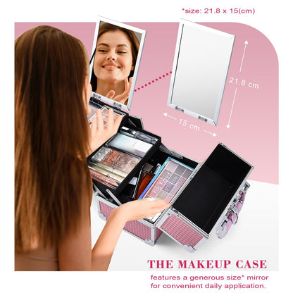 Joligrace Makeup Box Vanity Case Cosmetic Organiser Box Beauty Storage Train Case with Mirror, Lockable with Keys, Holographic Pink