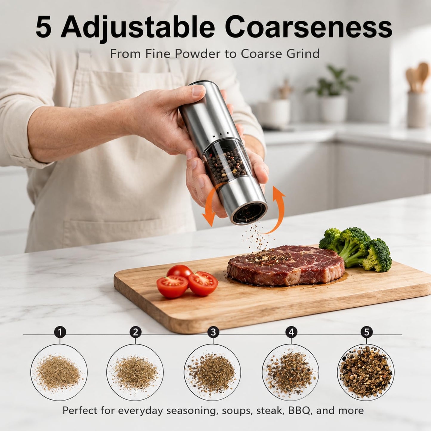 StarOcean Rechargeable Electric Salt and Pepper Grinder Set with USB-C Charging Base, Stainless Steel Automatic Gravity Grinders, 5 Adjustable Coarseness, Kitchen Gift