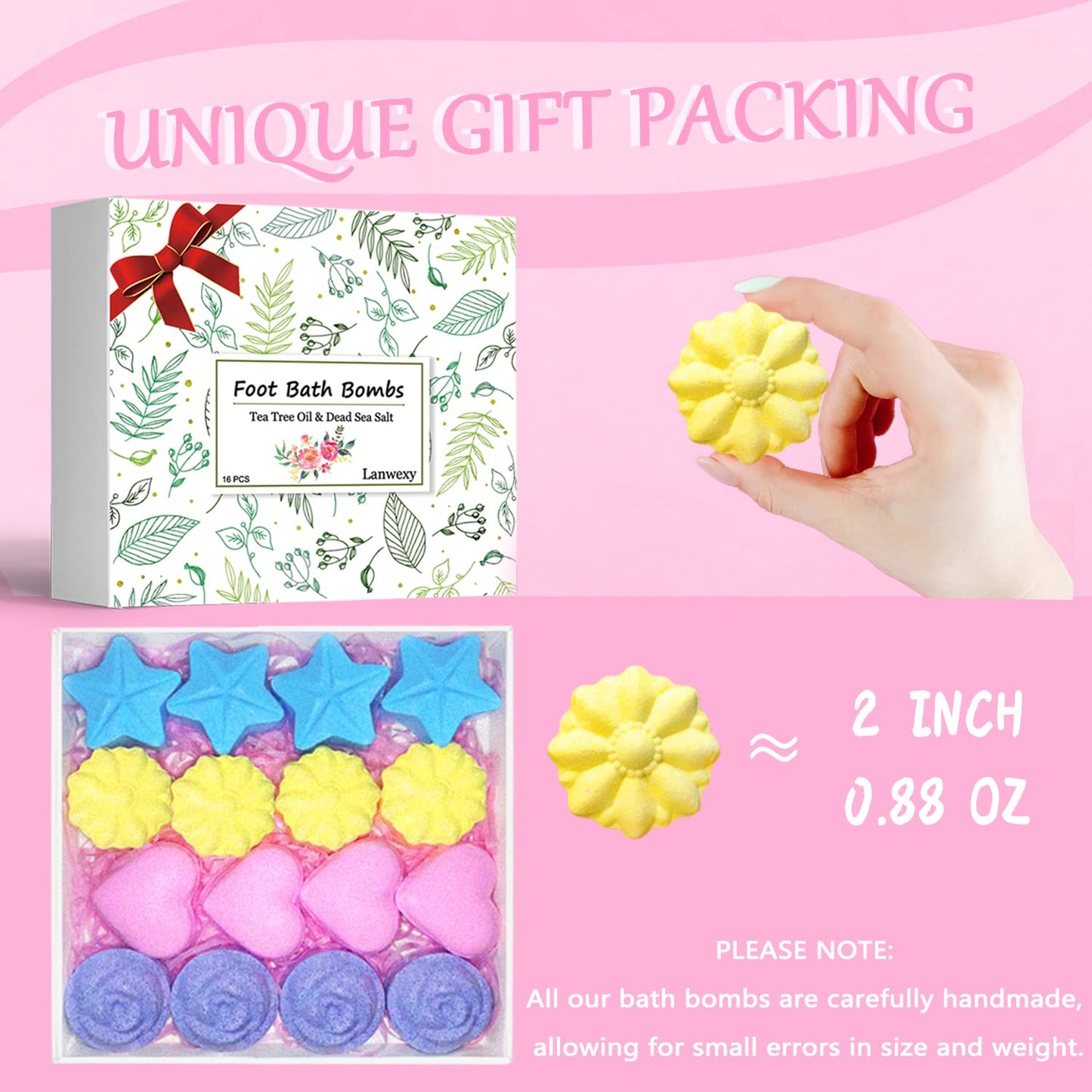Lanwexy Bath Foot Bombs, 16 Pack Foot Soak with Bath Salt and Tea Tree Oil for Christmas. Organic Natural Handmade Aroma Pure Essential Oil Bubble Feet Balls for Foot Callus, Stubborn Feet Odor Scent.