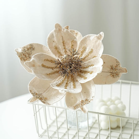 JOYO Christmas Glitter Magnolia Flowers, 10'' Poinsettia for Tree, Easy to Hang Artificial Picks (Cream, 6Pcs)