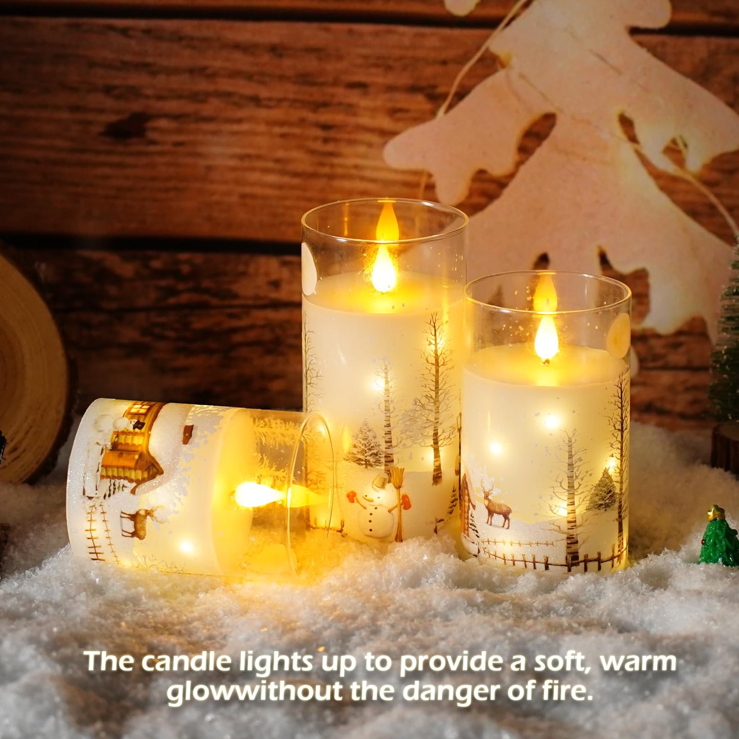 Christmas Flameless Candles with Remote - White LED Candles & String Lights, with Glass casing Battery Operated Set of 3 (D3 x H4/5"/6") for Window Decor, Christmas Decorations,Living Room Decoration
